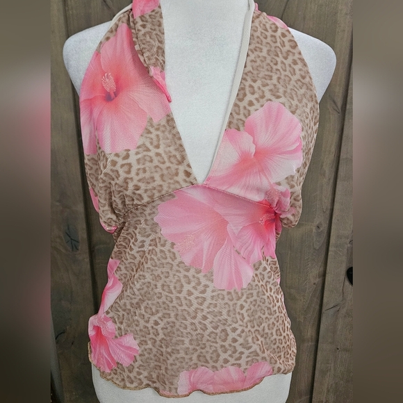 SEE YOU MONDAY Mesh Pink Floral Leopard Print Halter Top. Size XL NWT - Picture 6 of 12